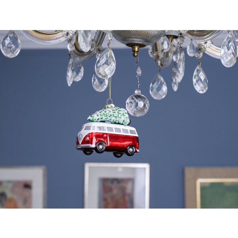 Volkswagen VW T1 Bus Glass Decoration / Christmas Ornament in Gift Box - Red with Tree